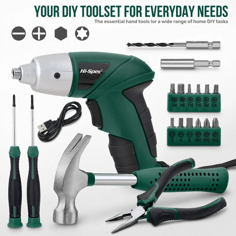Straight Up 3.6V USB Rechargeable Electric Screwdriver Cordless Automatic Driver with accessories and tools in green.