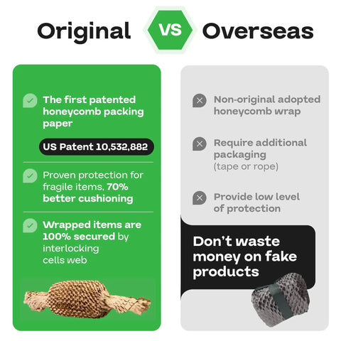 Comparison of original vs overseas honeycomb packing with HexaFil Honeycomb Packing Paper 15 Inch Wide 1700 Foot Roll.