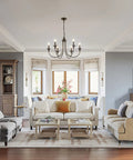 Living room with Six Light Black Farmhouse Chandelier With Classic Candle Style Modern Ceiling Fixture Adjustable Height