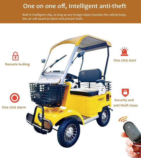Badass Four Wheel Electric Mobility Scooter With Spacious Cargo Bin For Adults And Seniors No Stress Cruising All Terrain Utility Hauler featuring remote locking and alarm.