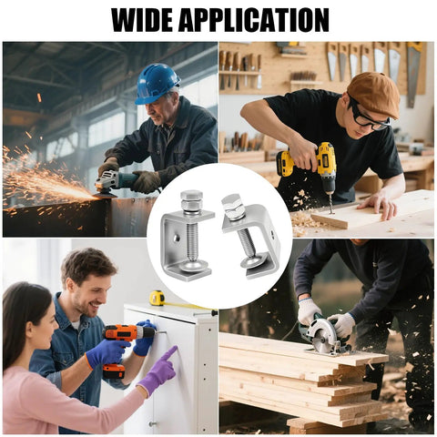 No Fuss 304 Stainless Steel C Clamps 2 Pack Big Jaw G Clamps in use for woodworking and DIY tasks with smooth operation.