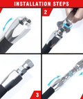 Hydraulic hose field repair kit, 5-piece, 1/4–3/8 in ID, reusable; installation steps collage