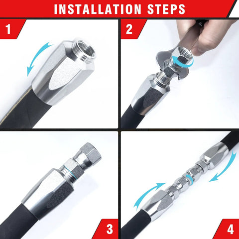 Four-panel montage of PIKWO 2-pack hydraulic hose repair kit for 1/4" ID hoses, showing fittings and assembled connector.