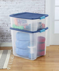 Heavy Duty Clear Plastic Storage Bins Twelve Pack With Tight Latch Lids And Solid Grip Handles For Hella Roomy Home Organization and Storage Gear Game Changers stacked with colorful contents.