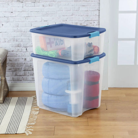 Heavy Duty Clear Plastic Storage Bins Twelve Pack With Tight Latch Lids And Solid Grip Handles For Hella Roomy Home Organization and Storage Gear Game Changers stacked with colorful contents.