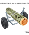 Beefed Up Heavy Duty Log Dolly With Tow Chain, 1500 Lb Capacity Firewood Cart carrying a log, with 16 inch rubber tires and steel frame.