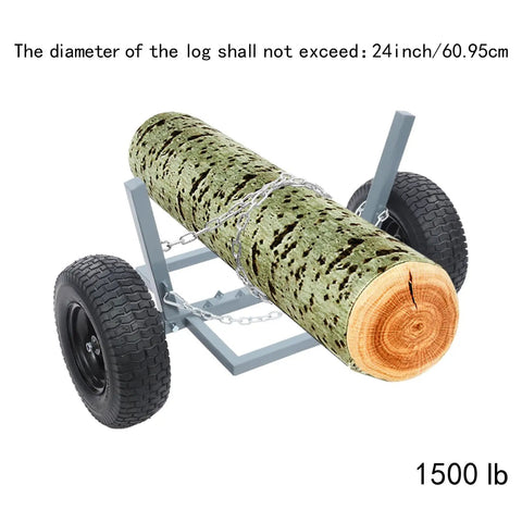 Beefed Up Heavy Duty Log Dolly With Tow Chain, 1500 Lb Capacity Firewood Cart carrying a log, with 16 inch rubber tires and steel frame.