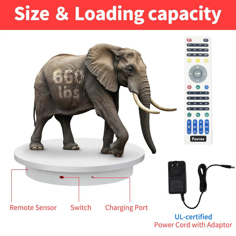 Heavy Duty Motorized Turntable With Remote Speed Control For 3D Scanning And Showcase Displays Up To 660 Lbs with elephant model.