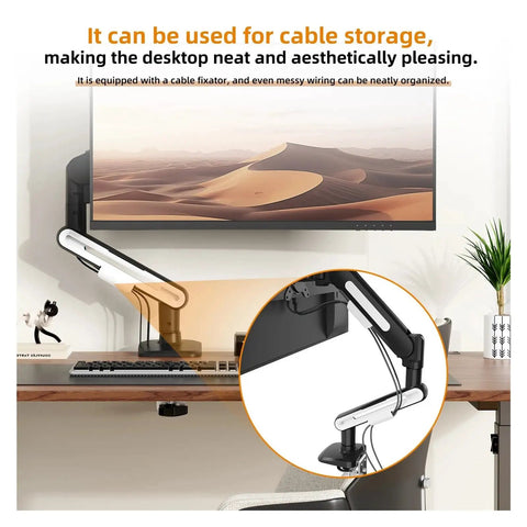 Level Up Your Workspace With A Sturdy Rotating Mechanical Monitor Arm For 13 To 32 Inch Lcd Screens Using A Universal Vesa Mount That Swivels Super Smooth And Tilts Easily For Quick Office Work And Cozy Gaming Sessions with cable storage and fixator.