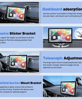 9 Inch Wireless CarPlay Screen For Car With 4K Dash Cam mounted on dashboard with multiple attachment options shown.