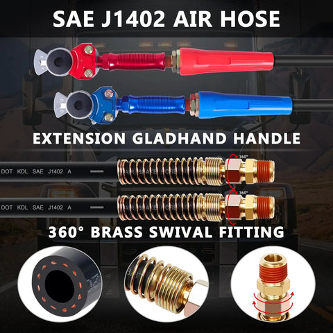 Semi Truck Air Lines Kit 12 Ft 3 In One Workhorse ABS Power Line Air Hoses with Glad Hands Handles and Tender Spring Kit