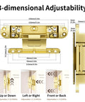 Rock Solid Heavy Duty 6 Inch Hidden Door Hinge With No Drama 3 Way Adjustment dimensions showing gold finish and adjustability features.