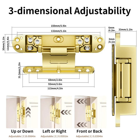Rock Solid Heavy Duty 6 Inch Hidden Door Hinge With No Drama 3 Way Adjustment dimensions showing gold finish and adjustability features.