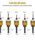 15 Piece Countersink Drill Bit Set Featuring Adjustable Depth Stop Collar And Rock Solid Hex Shafts Built Tough For Dead Nuts Precision In Eighty Two Degree Tapered Boring And Diy Wood Projects drill bit set displaying various sizes with hex shanks.