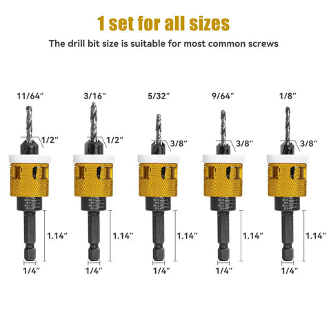 15 Piece Countersink Drill Bit Set Featuring Adjustable Depth Stop Collar And Rock Solid Hex Shafts Built Tough For Dead Nuts Precision In Eighty Two Degree Tapered Boring And Diy Wood Projects drill bit set displaying various sizes with hex shanks.