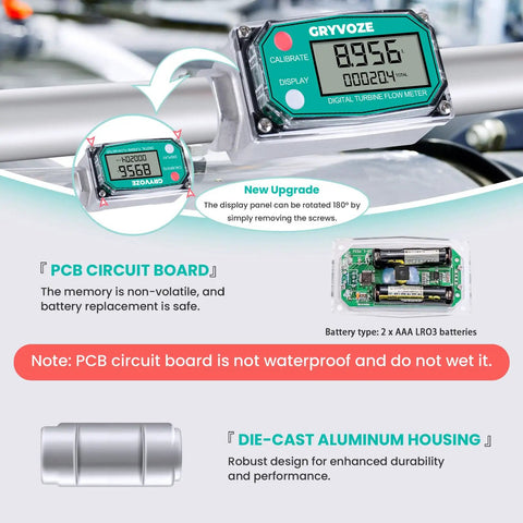 Go-To Three-Quarter Inch Digital Turbine Fuel Flow Meter Inline NPT with 360 Degree Swivel Connector and LCD display details
