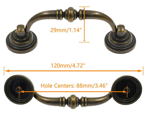 Diagram of 8Pcs Bail Drawer Handles Set Center To Center 3.5 Inch Hole Spacing Bronze Antique Drop Pulls with dimensions.