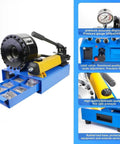 Solid Built Lightweight Manual Hydraulic Hose Crimping Tool Equipped With Seven Swappable Dies For Easy Peasy And Reliable High Pressure Tubing Field Projects showing pressure gauge and tool details.