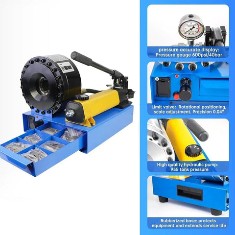 Solid Built Lightweight Manual Hydraulic Hose Crimping Tool Equipped With Seven Swappable Dies For Easy Peasy And Reliable High Pressure Tubing Field Projects showing pressure gauge and tool details.