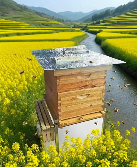 Beehive with Five Pack Thickened Aluminum Reflective Insulation Film in a field of yellow flowers near a river.