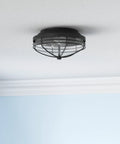 Seaport Outdoor Flush Mount Light Fixture In Natural Black UV Coated Finish Durable Steel With Protective Metal Cage And Glass Shade Nautical Style Exterior Lighting For Porch Patio And Garden installed on ceiling