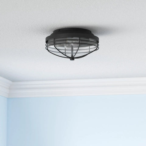 Seaport Outdoor Flush Mount Light Fixture In Natural Black UV Coated Finish Durable Steel With Protective Metal Cage And Glass Shade Nautical Style Exterior Lighting For Porch Patio And Garden installed on ceiling