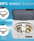 Powerful 45KHz Cleaner With 20oz Capacity And Cleaning Basket, showing before and after cleaning jewelry and watches.