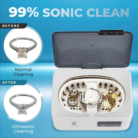 Powerful 45KHz Cleaner With 20oz Capacity And Cleaning Basket, showing before and after cleaning jewelry and watches.