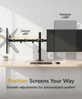 Heavy Duty Dual Monitor Arm Desk Mount For Two Screens 13 To 32 Inches Vesa Compatible Swivel Stand showing tilt and swivel adjustments.