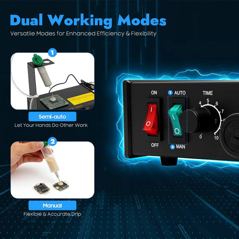 Pro Grade Semi Automatic Glue Dispenser Machine For Electronics With 0.01ml Precision And Vacuum Suck Back Solder Paste Controller Liquid Adhesive Dropper Timer Controlled Bonding Of Tiny Components And PCBs, dual modes panel
