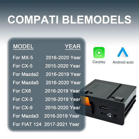 Mazda CarPlay Android Auto Plug-and-Play Wired Hub With Type-C PD Fast Charge, 2024 Upgraded Retrofit Kit compatibility chart.