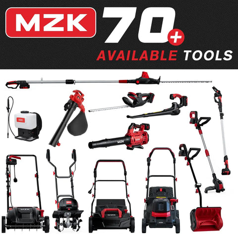 MZK 70-plus tools including trimmers, blowers, mowers, and dethatchers displayed on a black background.