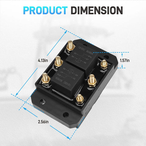 2 Pack 12V Heavy Duty Forward and Reverse Relay Module for Motors Up to 60A to 80A with dimensions displayed.