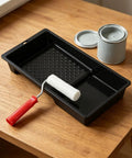 Top Tier Mini Paint Roller And Tray Set For Detail Work And Touch Ups Streak Free Slick Finish on wooden surface.