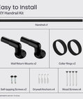 Solid Black Aluminum Stair Handrail DIY Kit With ADA Compliant Wall Returns No Sweat Installation Powder Coated For Indoor Outdoor Walkways Slick Five Foot Grip Bar components including handrail and wall mounts.