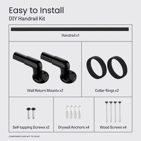 Solid Black Aluminum Stair Handrail DIY Kit With ADA Compliant Wall Returns No Sweat Installation Powder Coated For Indoor Outdoor Walkways Slick Five Foot Grip Bar components including handrail and wall mounts.