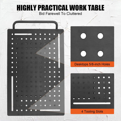 Top Shelf Welding Workbench, 36X24 Inch Steel Fabrication Table, 600 Lb Capacity, showing tool slots and holes for workspace organization.