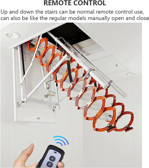 Remote control in use for Built Like A Tank Automatic Electric Attic Ladder Wall Mounted Folding Stairs with Steel Alloy Frame.