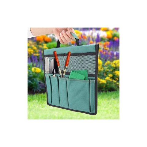 Foldable Garden Kneeler With Tool Pouch And Multiple Pockets, green tool organizer held outdoors with colorful flowers in background.