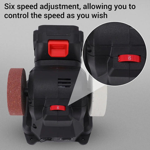 Luocute 100W Cordless Mini Bench Grinder With 7500mAh Battery showing six speed adjustment dial for precise control.