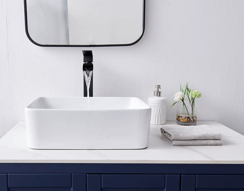 Rectangular Vessel Sink For Bathroom White Ceramic Above Counter Lavatory Basin 16 By 12 Inch Small Vanity Sink With Modern Sleek Look