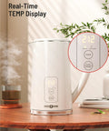 White 1.7L large kettle with temperature control and LED screen, real-time temp display, wide body, cool touch exterior on table