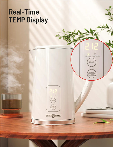 White 1.7L large kettle with temperature control and LED screen, real-time temp display, wide body, cool touch exterior on table