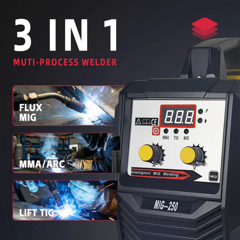 250A 3-In-1 Multiprocess Welder For Flux Core MIG TIG And Stick Welding On 110V Inverter With Digital Display and Controls
