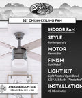 Chism Ceiling Fan 52 Inch Gun Metal With Lit LED Light Kit Bulbs Included, Quiet 3 Speed Reversible Motor, Transitional Design