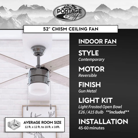 Chism Ceiling Fan 52 Inch Gun Metal With Lit LED Light Kit Bulbs Included, Quiet 3 Speed Reversible Motor, Transitional Design