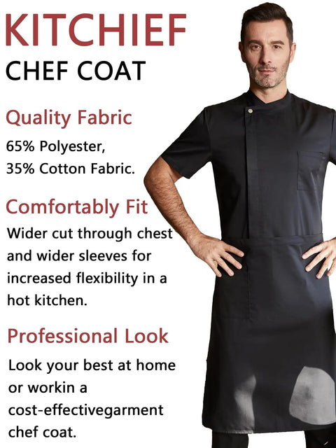 Kickass Black Men Chef Coat With Dope Breathable Mesh Short Sleeve Lightweight Jacket For Kitchen And Bakery Uniform featuring black fabric and utility pocket.