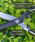 Close-up of Heavy Duty Garden Hedge Shears 19.88 Inch Reach With Wooden Handles And Pro-Grade Carbon Steel Blades, showing shock-absorbing bumper and fixing screws.