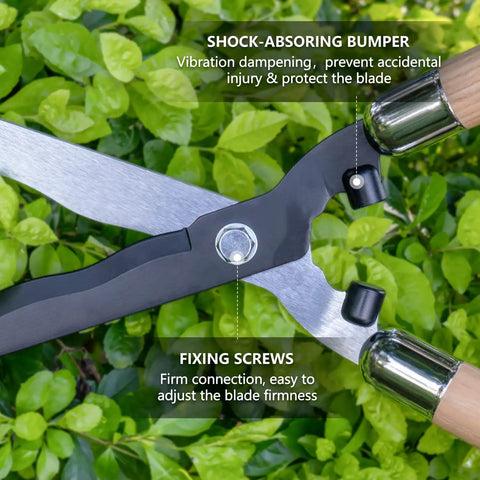 Close-up of Heavy Duty Garden Hedge Shears 19.88 Inch Reach With Wooden Handles And Pro-Grade Carbon Steel Blades, showing shock-absorbing bumper and fixing screws.