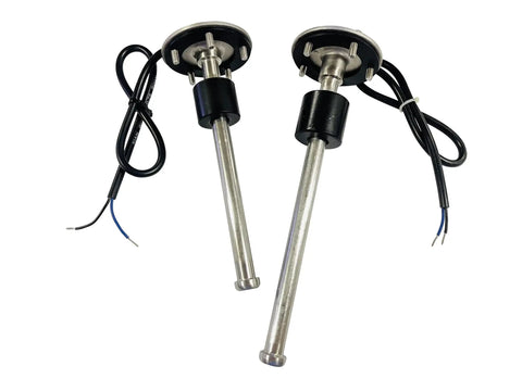 Diesel Fuel Water Level Sensor With Reed Switch, Eight Point Five Inch Sending Unit, SAE Five Hole Mount, Nonlinear Output, Standard American Output 240 To 30 Ohm, 12V To 24V Operation, Includes Gasket And Screws, shown with wires